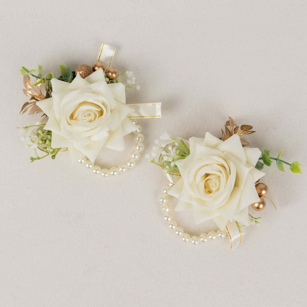 2 Pack White Artificial Rose Wrist Corsages With Pearls, 4" Flower Bracelet Wedding Accessories - Bell Racket Store