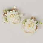 2 Pack White Artificial Rose Wrist Corsages With Pearls, 4" Flower Bracelet Wedding Accessories - Bell Racket Store