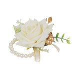 2 Pack White Artificial Rose Wrist Corsages With Pearls, 4" Flower Bracelet Wedding Accessories - Bell Racket Store