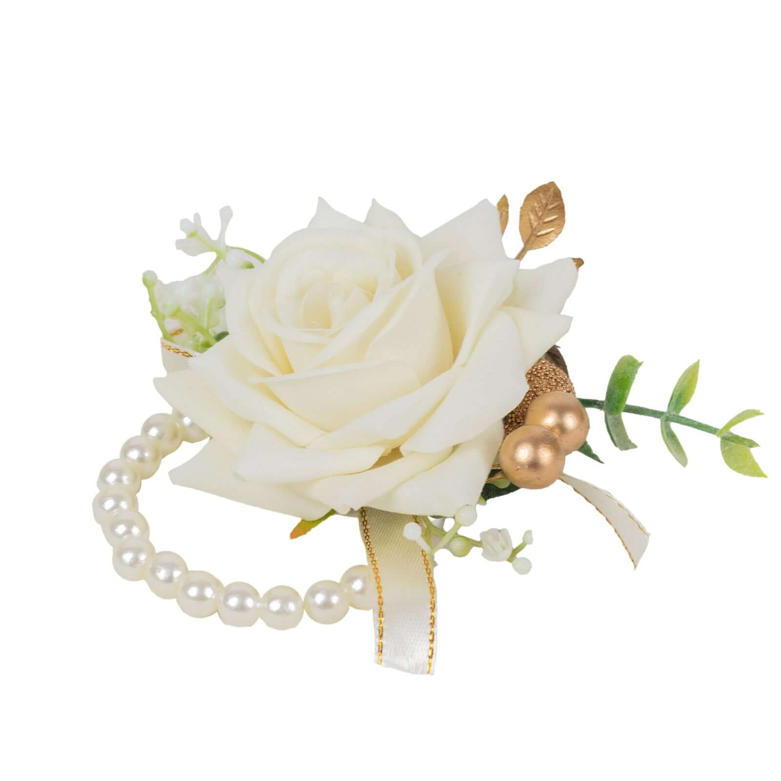 2 Pack White Artificial Rose Wrist Corsages With Pearls, 4" Flower Bracelet Wedding Accessories - Bell Racket Store