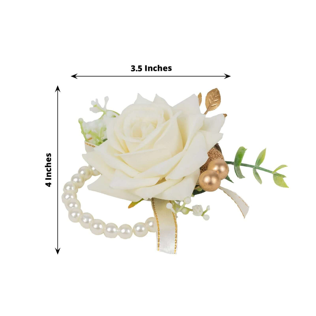 2 Pack White Artificial Rose Wrist Corsages With Pearls, 4" Flower Bracelet Wedding Accessories - Bell Racket Store