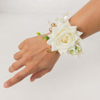 2 Pack White Artificial Rose Wrist Corsages With Pearls, 4" Flower Bracelet Wedding Accessories - Bell Racket Store