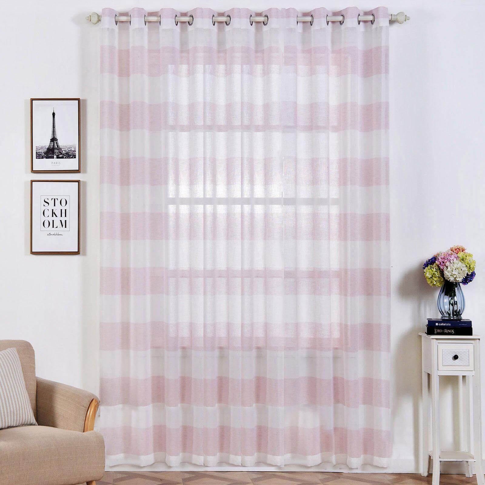 2 Pack White Blush Cabana Print Faux Linen Curtain Panels With Chrome Grommet - 52"x108"