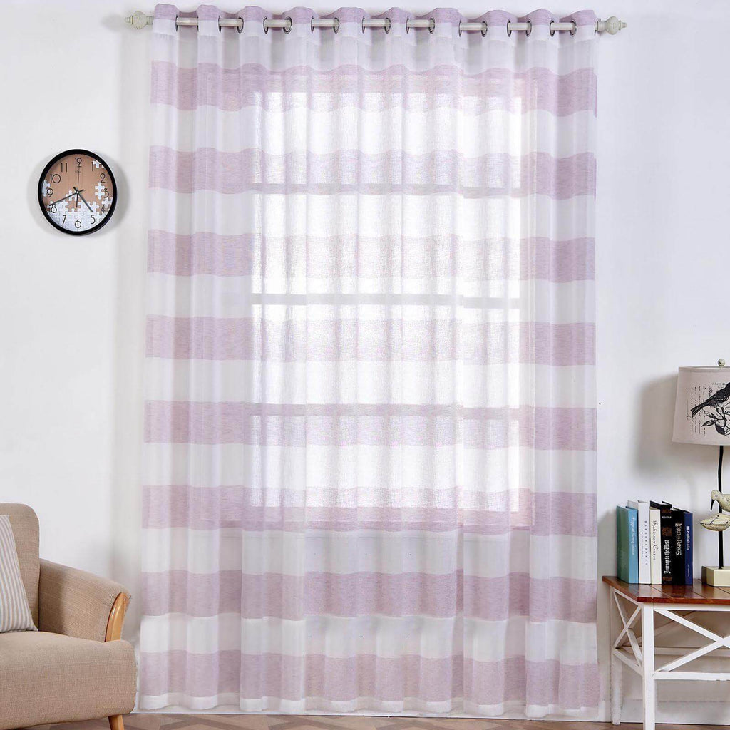 2 Pack White Lavender Lilac Cabana Print Faux Linen Curtain Panels With Chrome Grommet - 52"x108"