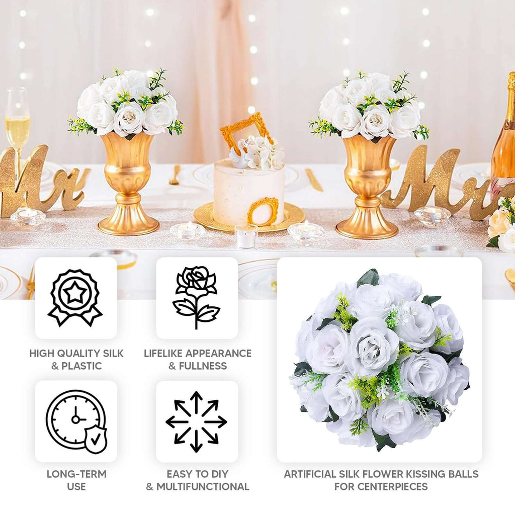 2 Pack White Silk 15 - Head Rose Flower Balls For Centerpieces - 10", Artificial Kissing Ball Floral Arrangements - Bell Racket Store