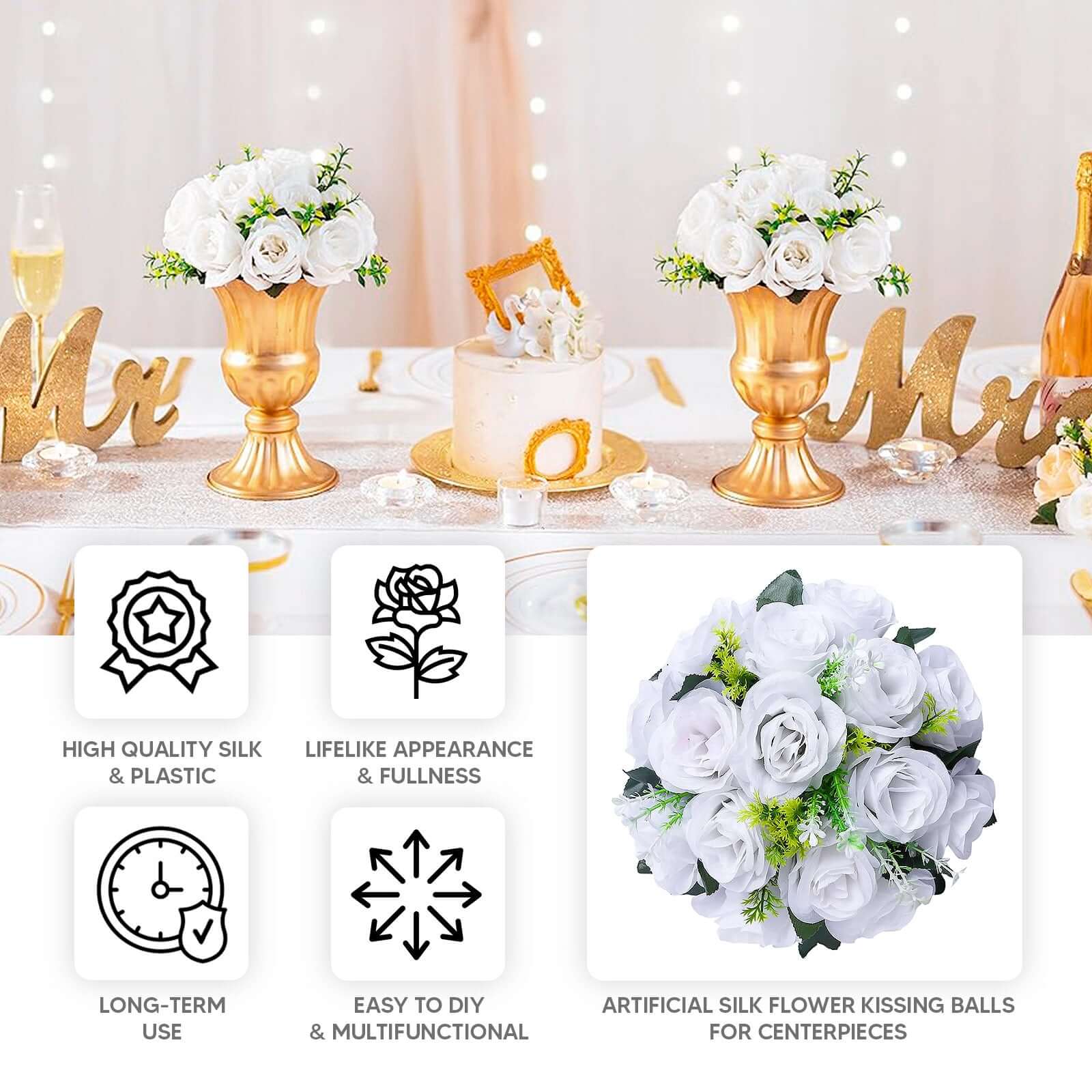 2 Pack White Silk 15 - Head Rose Flower Balls For Centerpieces - 10", Artificial Kissing Ball Floral Arrangements - Bell Racket Store