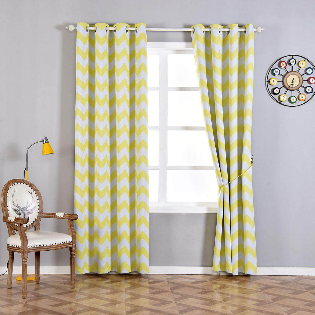 2 Pack White Yellow Chevron Design Thermal Blackout Curtains With Chrome Grommet Window Treatment Panels - 52"x108"