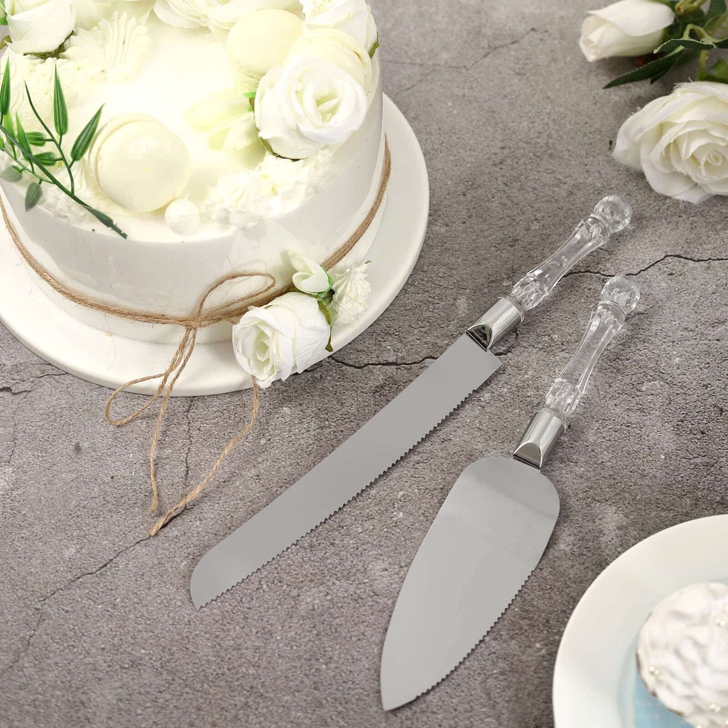 2 Set Knife and Server Stainless Steel with Clear Acrylic Handle - Party Favors with Gift Box 10" & 12" - NestOCart