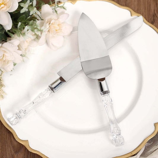 2 Set Knife and Server Stainless Steel with Clear Acrylic Handle - Party Favors with Gift Box 10" & 12" - NestOCart