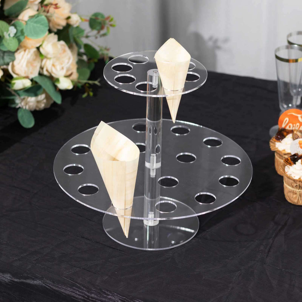 2 Tier Acrylic Round Ice Cream Cone Holder Clear - Sturdy Appetizer Dessert Display Stand with 24 - Slots for Easy & Stylish Event Party Table Setup 12" - Bell Racket Store
