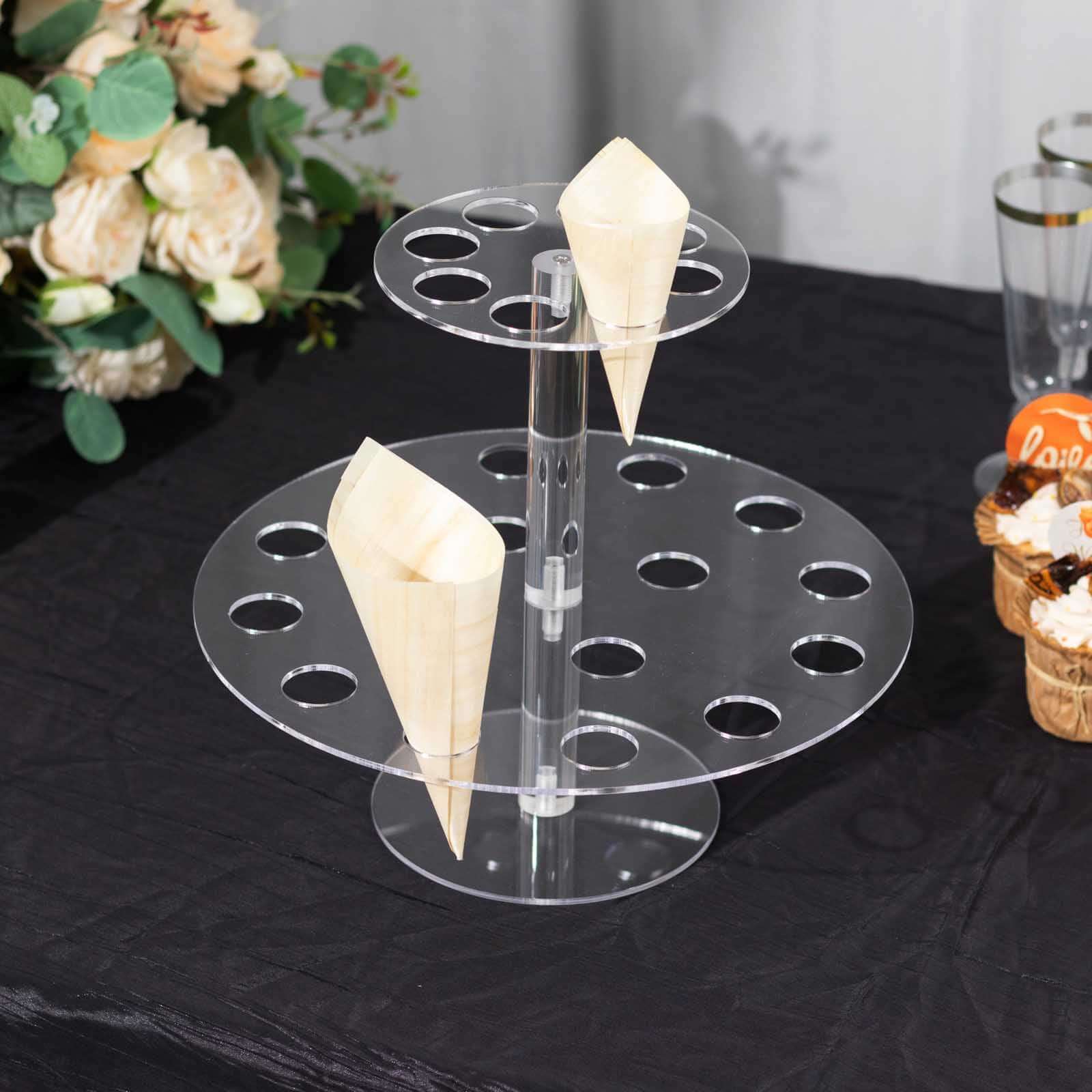 2 Tier Acrylic Round Ice Cream Cone Holder Clear - Sturdy Appetizer Dessert Display Stand with 24 - Slots for Easy & Stylish Event Party Table Setup 12" - Bell Racket Store