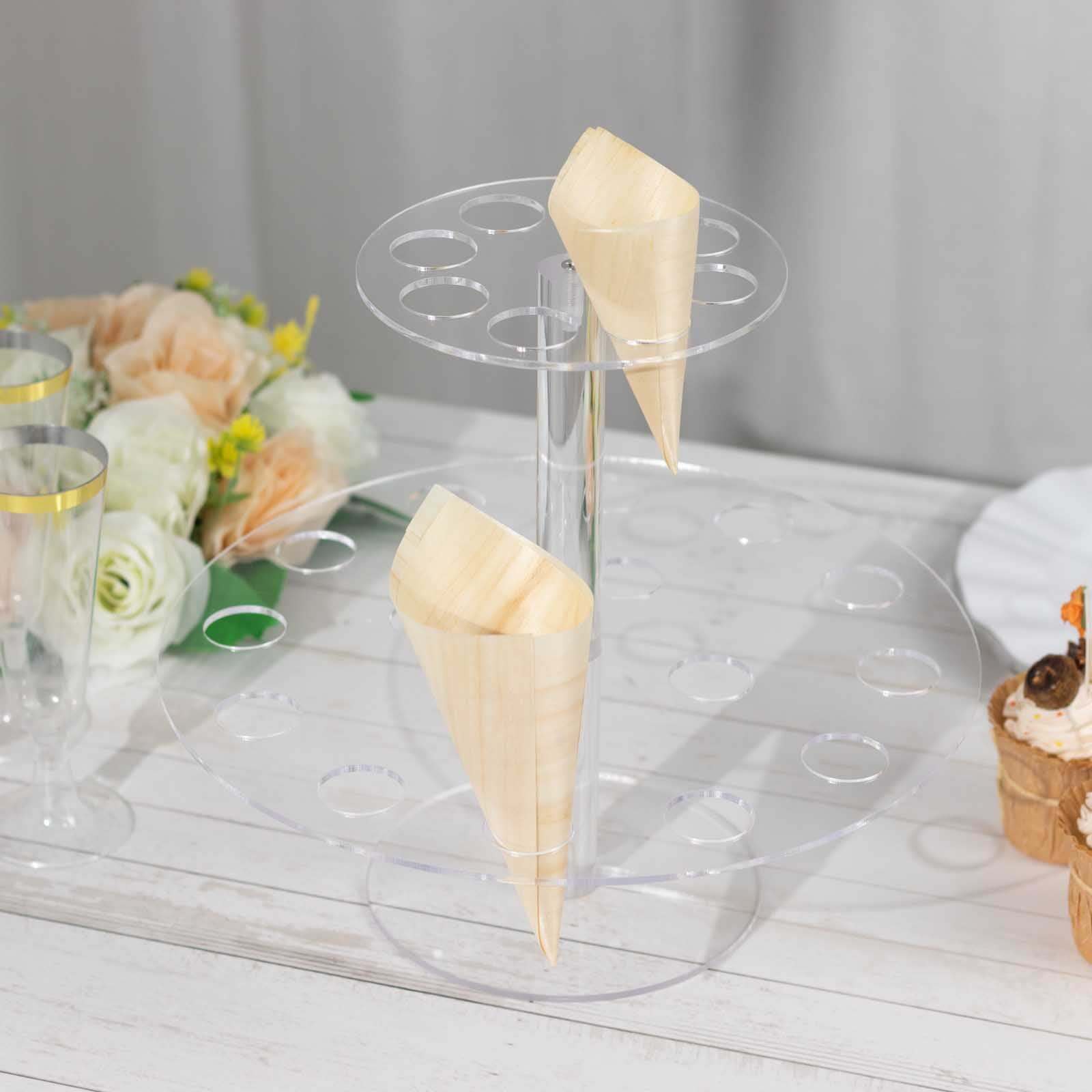 2 Tier Acrylic Round Ice Cream Cone Holder Clear - Sturdy Appetizer Dessert Display Stand with 24 - Slots for Easy & Stylish Event Party Table Setup 12" - Bell Racket Store