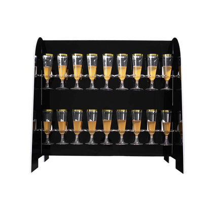 2 - Tier Champagne Glass Holder Display Stand Table Top in Glossy Black - Modern Stemware Rack Cocktail Drink Holder with 18 Hooks for Events & DIY Bars 25" - Bell Racket Store