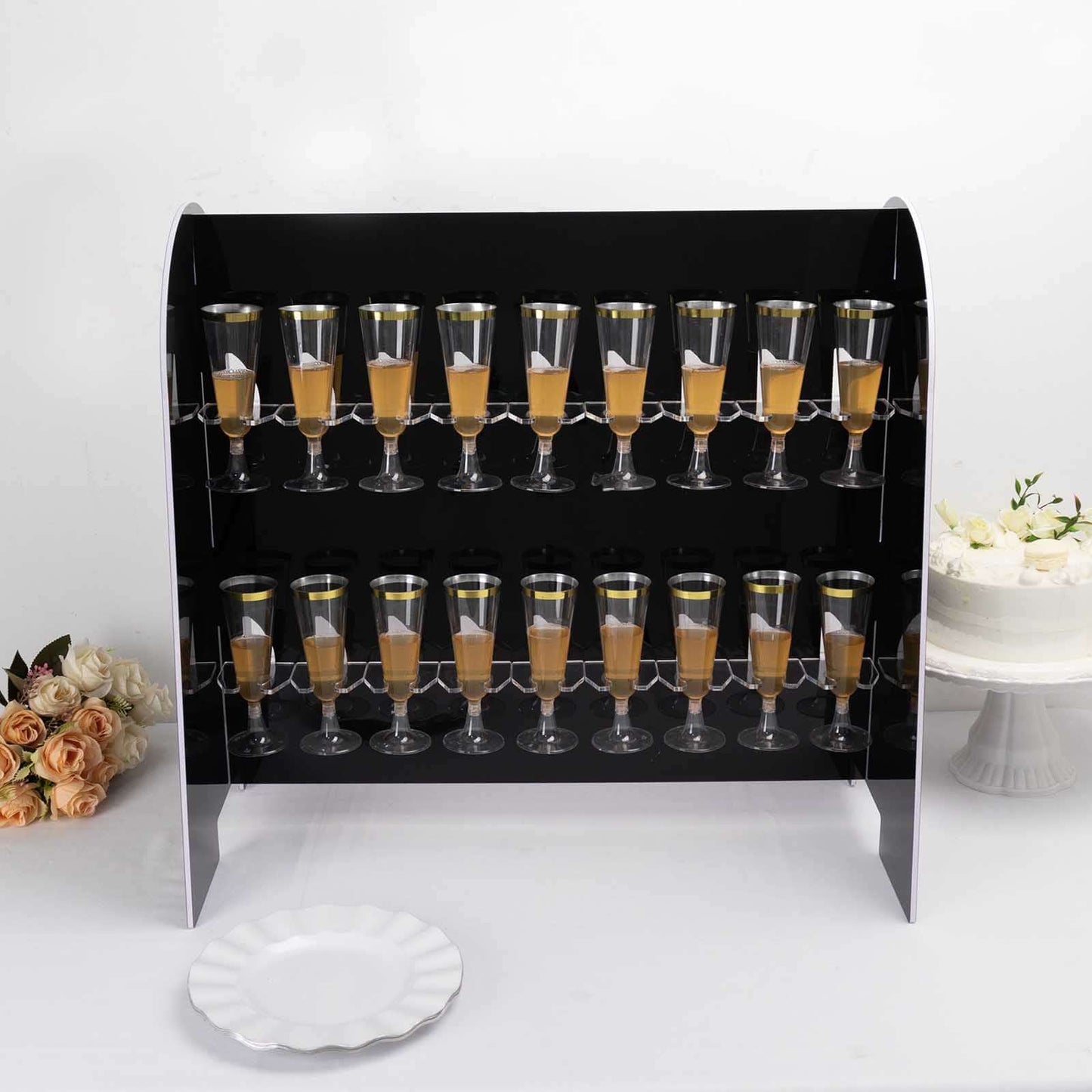 2 - Tier Champagne Glass Holder Display Stand Table Top in Glossy Black - Modern Stemware Rack Cocktail Drink Holder with 18 Hooks for Events & DIY Bars 25" - Bell Racket Store