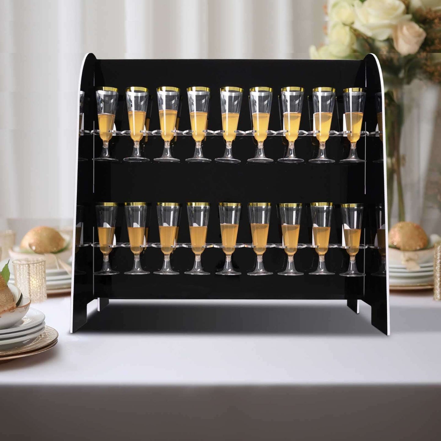 2 - Tier Champagne Glass Holder Display Stand Table Top in Glossy Black - Modern Stemware Rack Cocktail Drink Holder with 18 Hooks for Events & DIY Bars 25" - Bell Racket Store