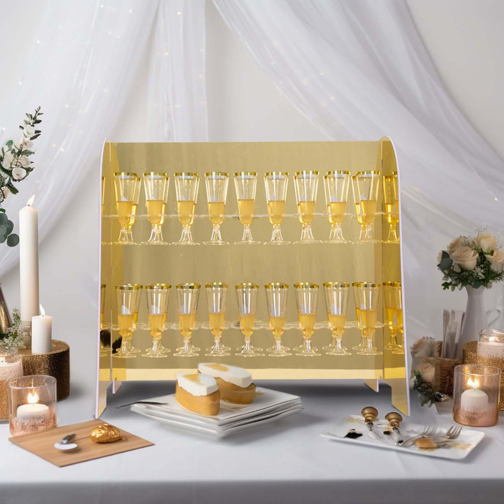 2 - Tier Champagne Glass Holder Display Stand Table Top in Gold Mirror Finish - Modern Stemware Rack Cocktail Drink Holder with 18 Hooks for Events & DIY Bars 25" - Bell Racket Store