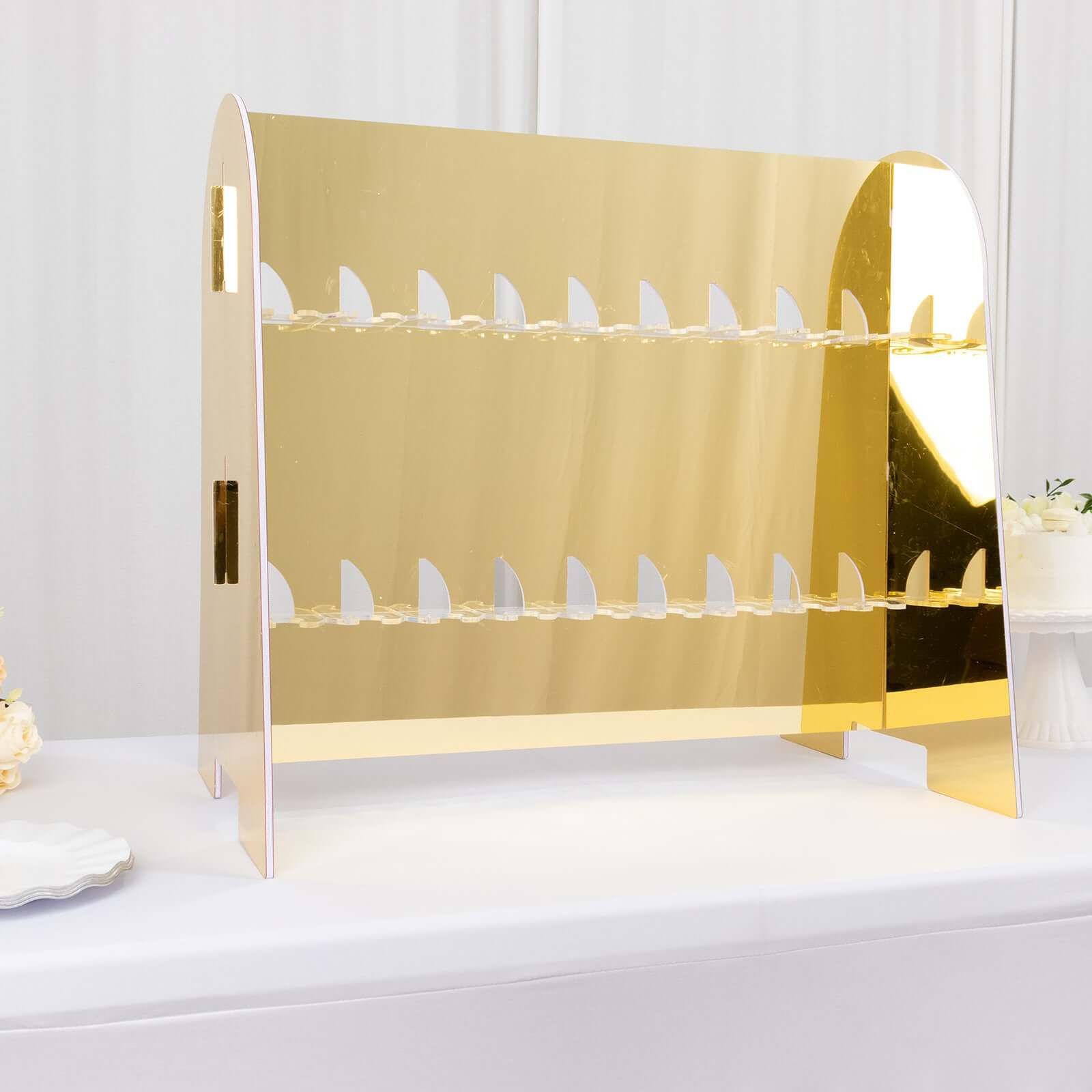 2 - Tier Champagne Glass Holder Display Stand Table Top in Gold Mirror Finish - Modern Stemware Rack Cocktail Drink Holder with 18 Hooks for Events & DIY Bars 25" - Bell Racket Store