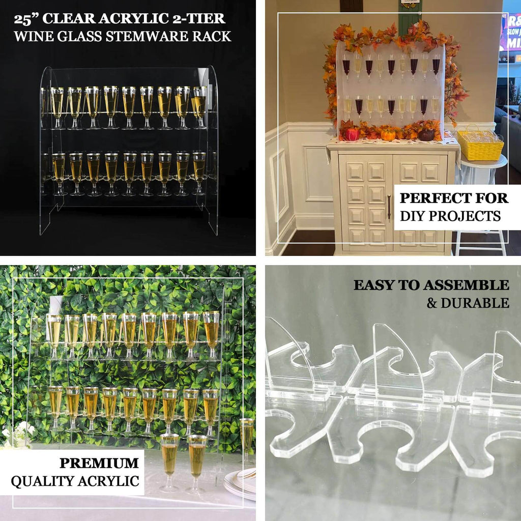 2 - Tier Champagne Glass Holder Display Stand Table Top in Gold Mirror Finish - Modern Stemware Rack Cocktail Drink Holder with 18 Hooks for Events & DIY Bars 25" - Bell Racket Store