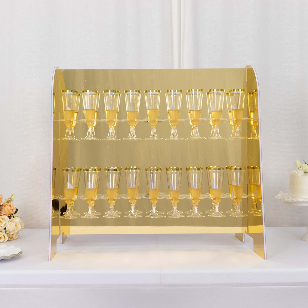 2 - Tier Champagne Glass Holder Display Stand Table Top in Gold Mirror Finish - Modern Stemware Rack Cocktail Drink Holder with 18 Hooks for Events & DIY Bars 25" - Bell Racket Store