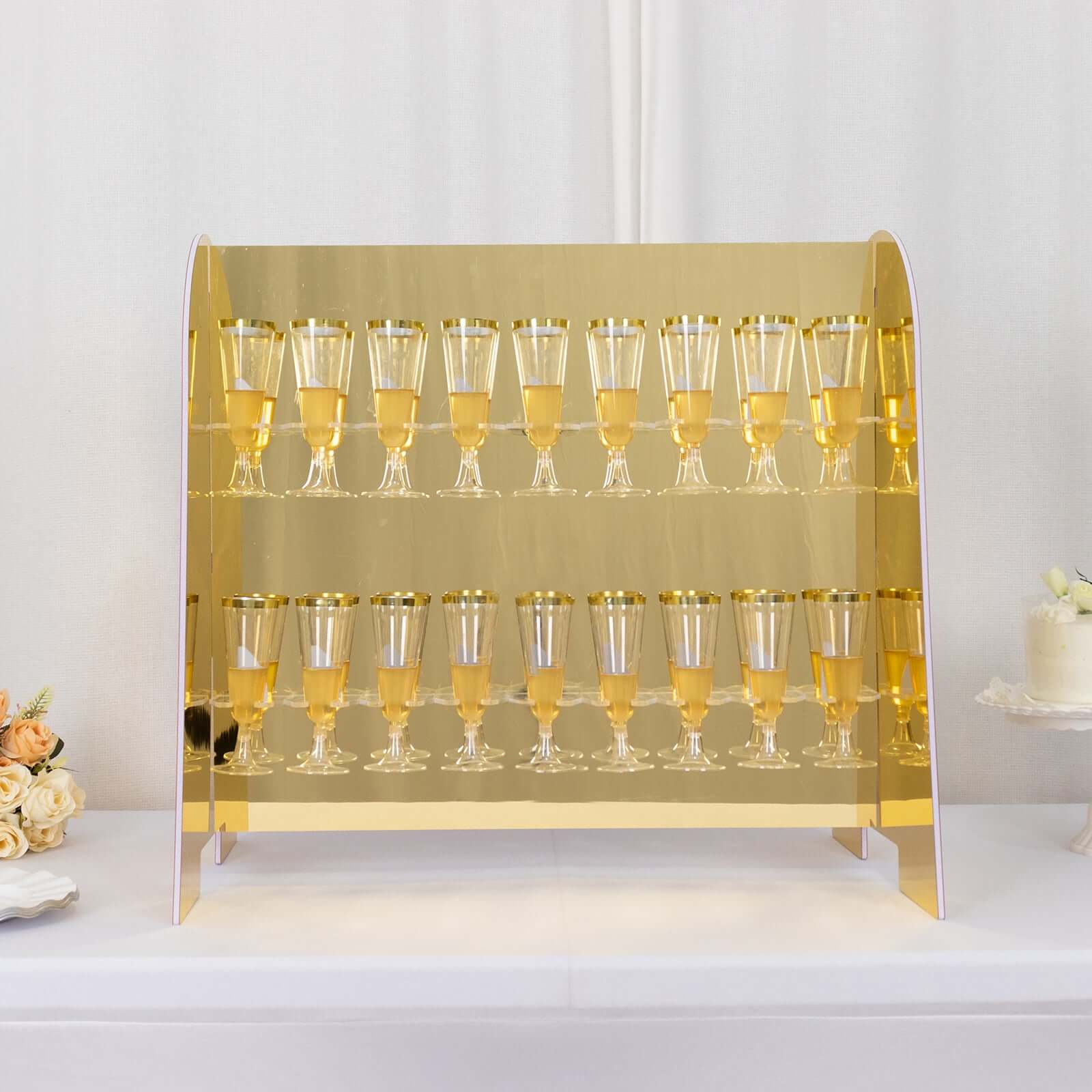 2 - Tier Champagne Glass Holder Display Stand Table Top in Gold Mirror Finish - Modern Stemware Rack Cocktail Drink Holder with 18 Hooks for Events & DIY Bars 25" - Bell Racket Store