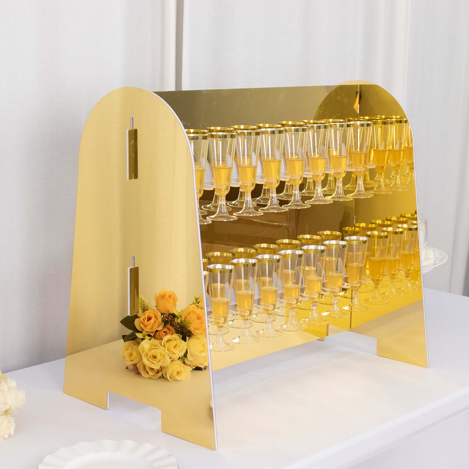 2 - Tier Champagne Glass Holder Display Stand Table Top in Gold Mirror Finish - Modern Stemware Rack Cocktail Drink Holder with 18 Hooks for Events & DIY Bars 25" - Bell Racket Store