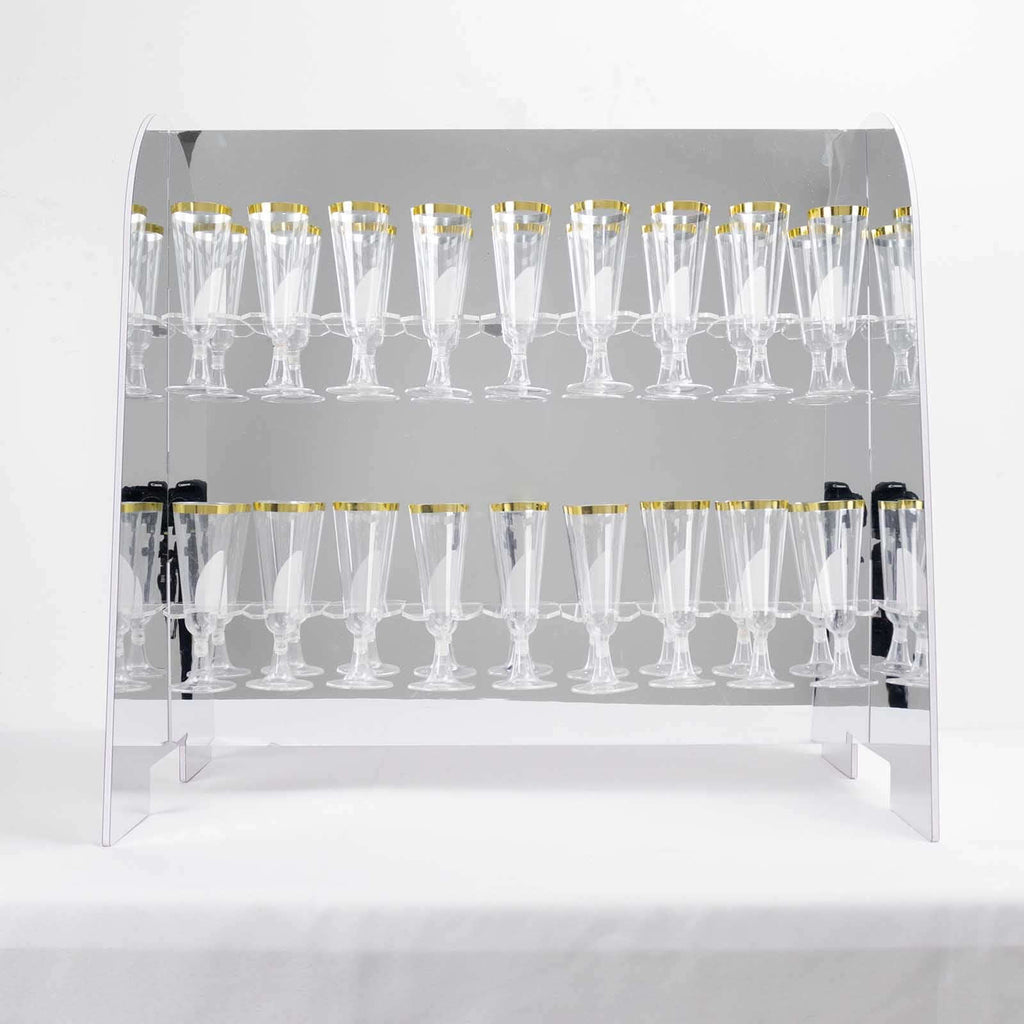2 - Tier Champagne Glass Holder Display Stand Table Top in Silver Mirror Finish - Modern Stemware Rack Cocktail Drink Holder with 18 Hooks for Events & DIY Bars 25" - Bell Racket Store