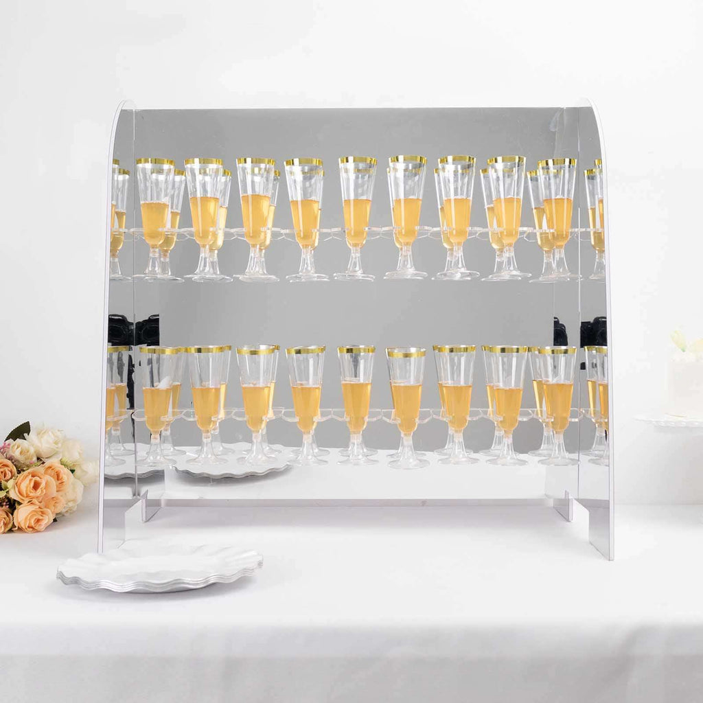 2 - Tier Champagne Glass Holder Display Stand Table Top in Silver Mirror Finish - Modern Stemware Rack Cocktail Drink Holder with 18 Hooks for Events & DIY Bars 25" - Bell Racket Store