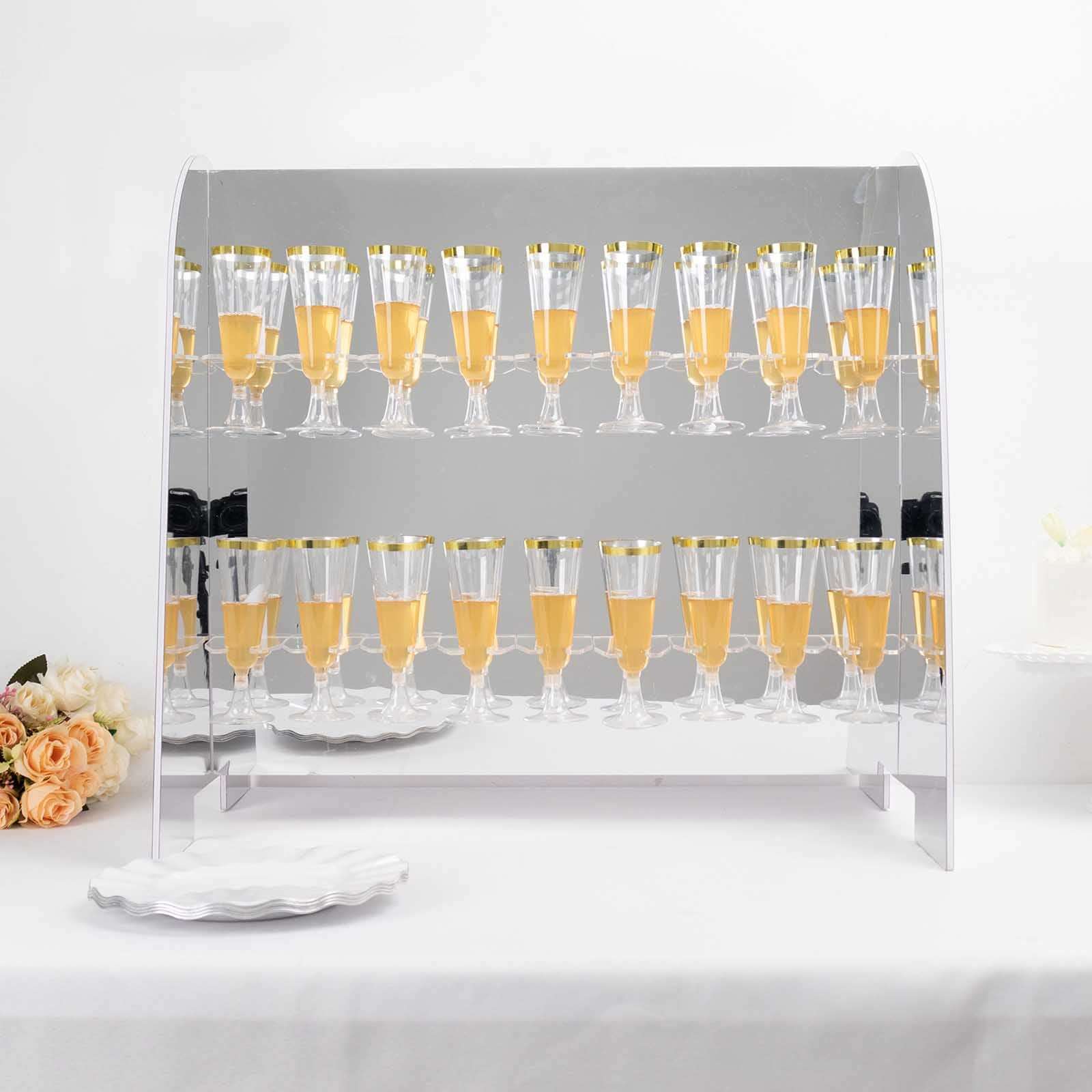2 - Tier Champagne Glass Holder Display Stand Table Top in Silver Mirror Finish - Modern Stemware Rack Cocktail Drink Holder with 18 Hooks for Events & DIY Bars 25" - Bell Racket Store