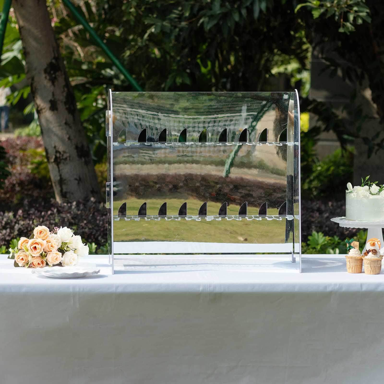 2 - Tier Champagne Glass Holder Display Stand Table Top in Silver Mirror Finish - Modern Stemware Rack Cocktail Drink Holder with 18 Hooks for Events & DIY Bars 25" - Bell Racket Store