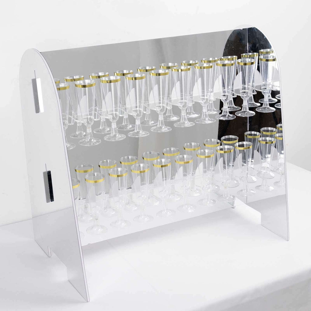 2 - Tier Champagne Glass Holder Display Stand Table Top in Silver Mirror Finish - Modern Stemware Rack Cocktail Drink Holder with 18 Hooks for Events & DIY Bars 25" - Bell Racket Store