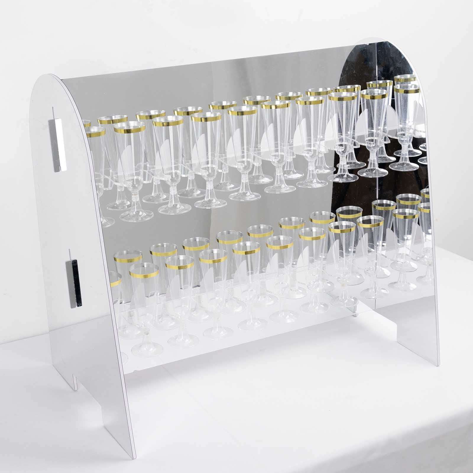 2 - Tier Champagne Glass Holder Display Stand Table Top in Silver Mirror Finish - Modern Stemware Rack Cocktail Drink Holder with 18 Hooks for Events & DIY Bars 25" - Bell Racket Store