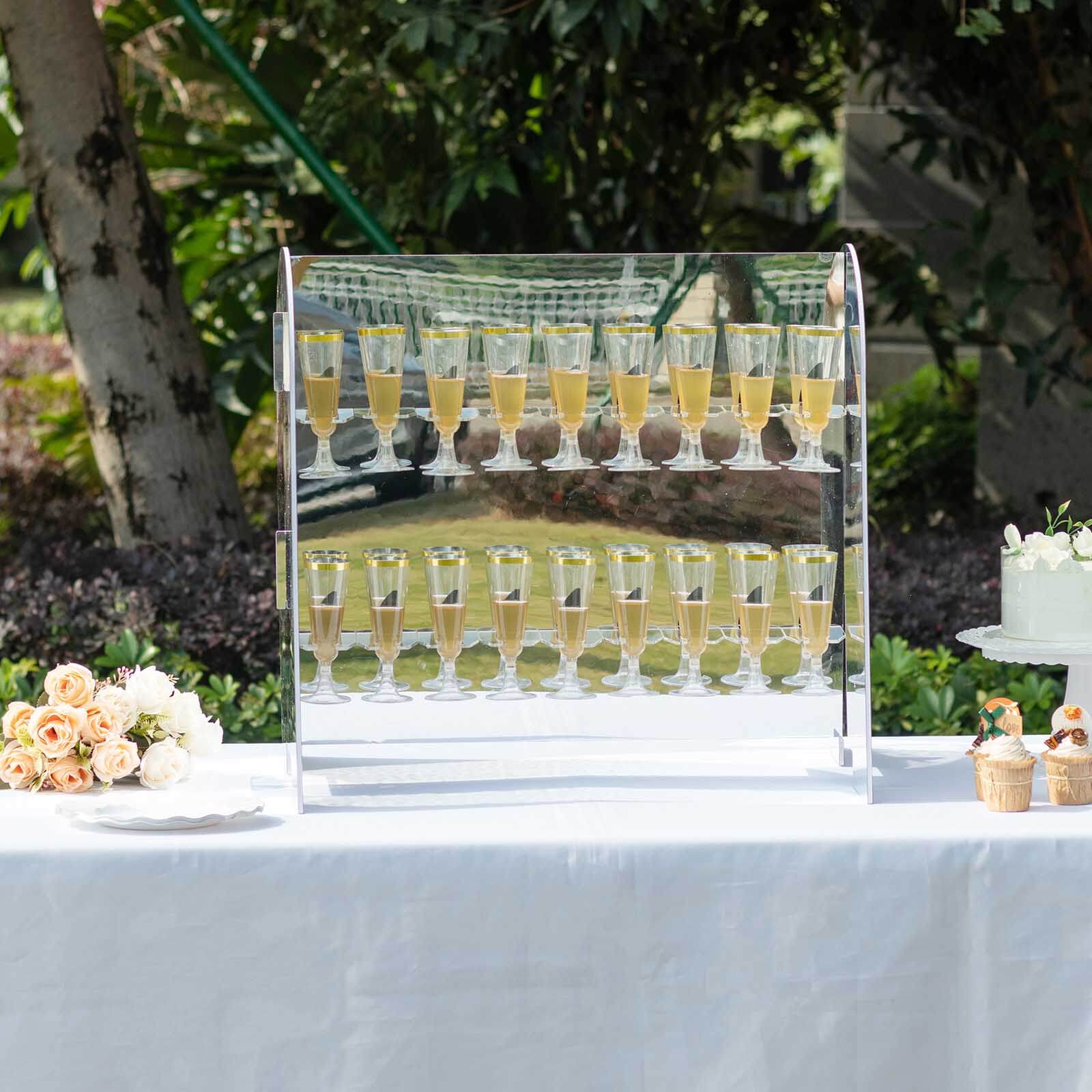 2 - Tier Champagne Glass Holder Display Stand Table Top in Silver Mirror Finish - Modern Stemware Rack Cocktail Drink Holder with 18 Hooks for Events & DIY Bars 25" - Bell Racket Store