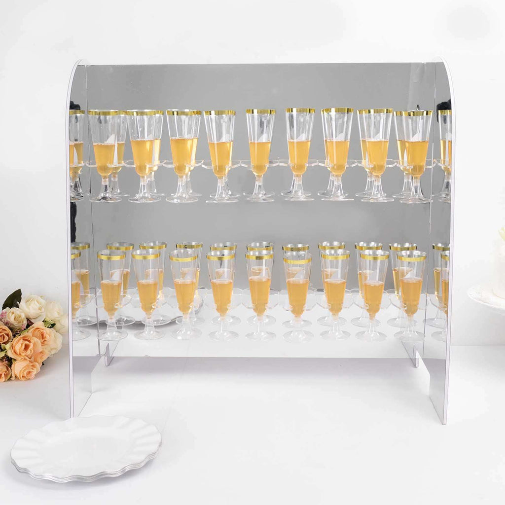 2 - Tier Champagne Glass Holder Display Stand Table Top in Silver Mirror Finish - Modern Stemware Rack Cocktail Drink Holder with 18 Hooks for Events & DIY Bars 25" - Bell Racket Store