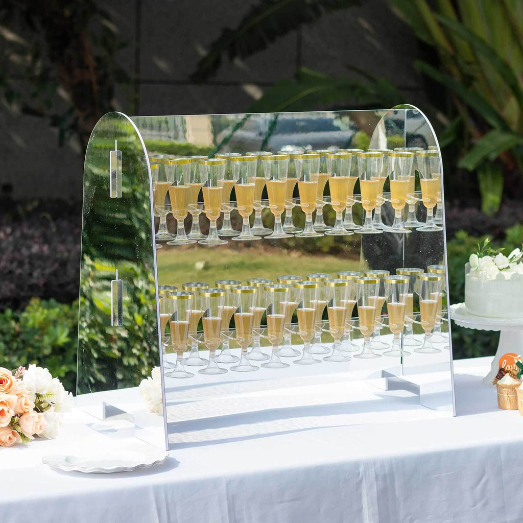 2 - Tier Champagne Glass Holder Display Stand Table Top in Silver Mirror Finish - Modern Stemware Rack Cocktail Drink Holder with 18 Hooks for Events & DIY Bars 25" - Bell Racket Store
