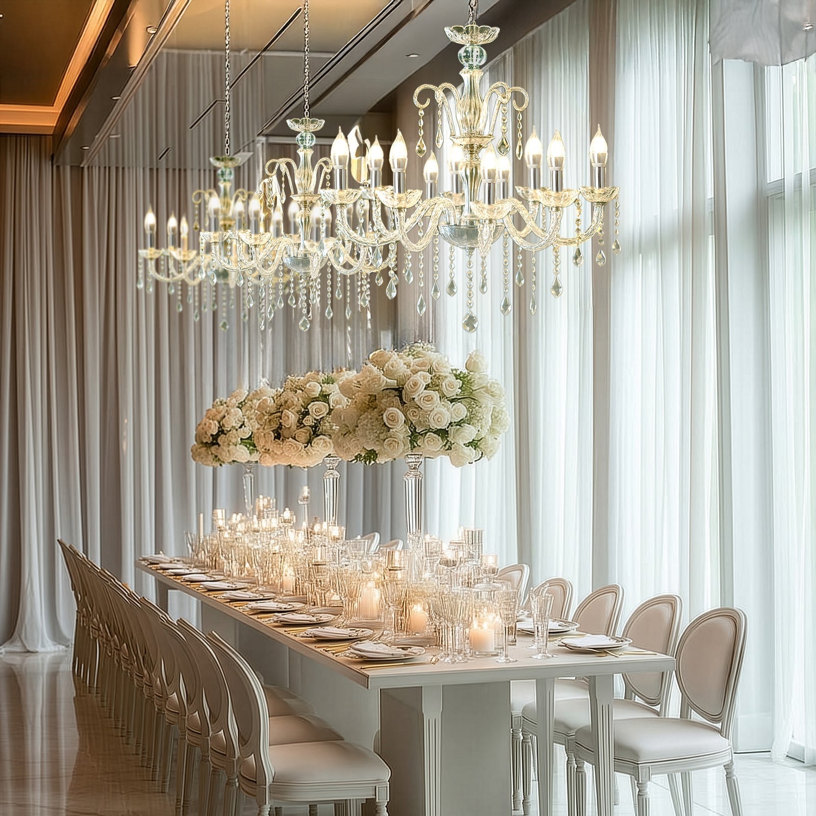 2 - Tier Crystal Chandelier with 10 LED Candle Bulbs â€“ Silver Acrylic Ceiling Light Fixture with Decorative Upper Crystals for Dining Room or Foyer â€“ 2.5ft - Bell Racket Store