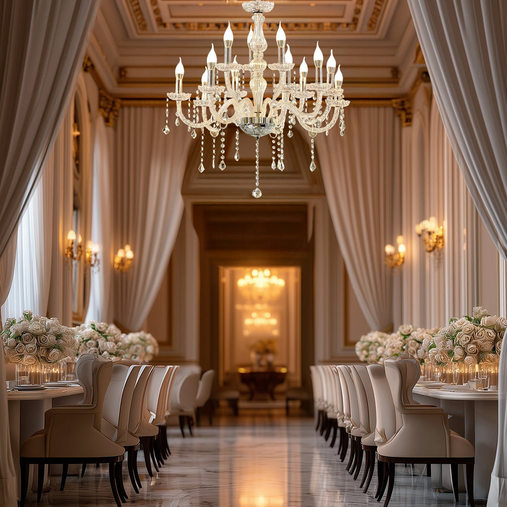 2 - Tier Crystal Chandelier with 15 LED Candle Bulbs â€“ Silver Acrylic Ceiling Light Fixture with Dual - Layer LED Illumination for Dining Room or Foyer â€“ 2.5ft - Bell Racket Store