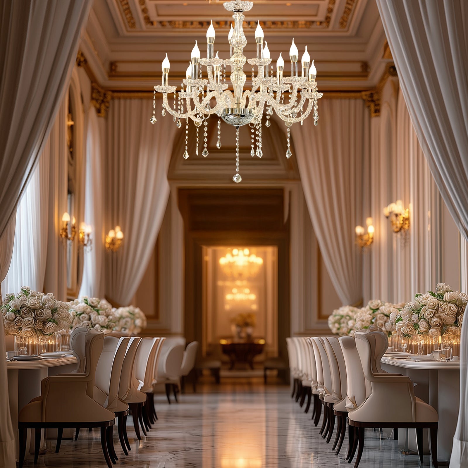 2 - Tier Crystal Chandelier with 15 LED Candle Bulbs â€“ Silver Acrylic Ceiling Light Fixture with Dual - Layer LED Illumination for Dining Room or Foyer â€“ 2.5ft - Bell Racket Store