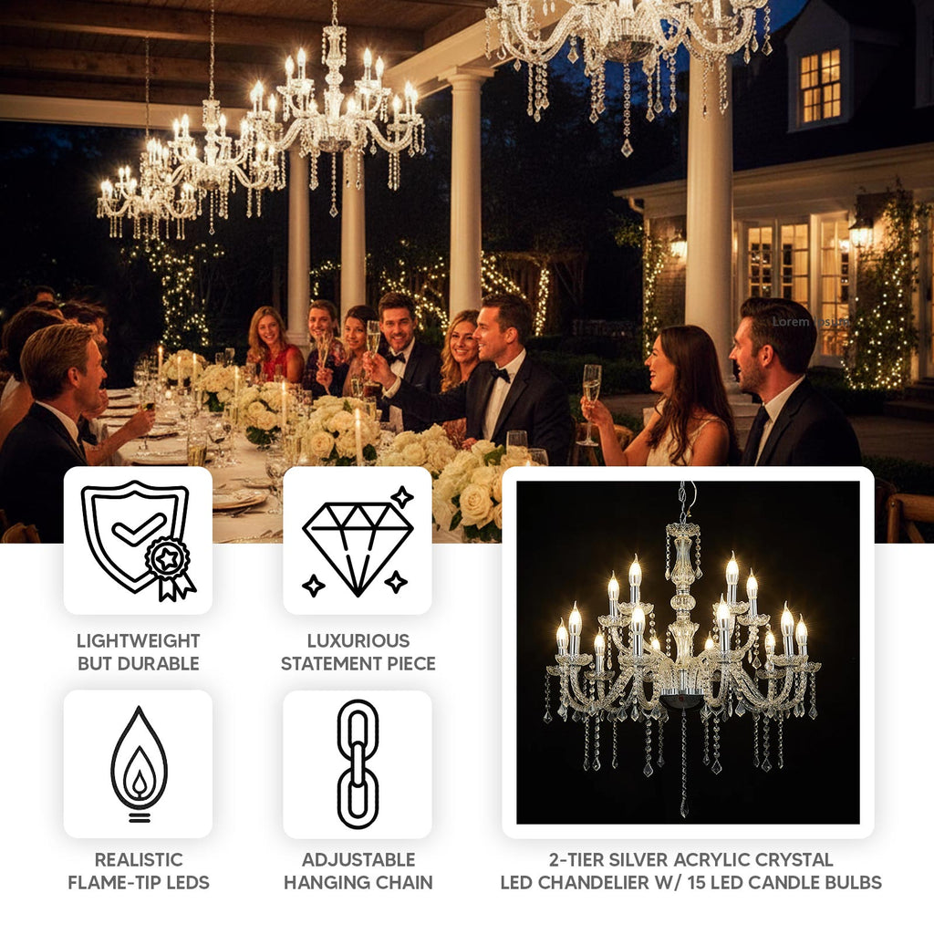 2 - Tier Crystal Chandelier with 15 LED Candle Bulbs â€“ Silver Acrylic Ceiling Light Fixture with Dual - Layer LED Illumination for Dining Room or Foyer â€“ 2.5ft - Bell Racket Store