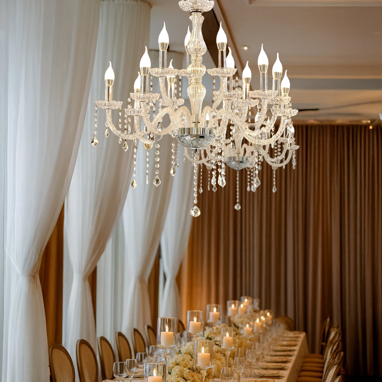 2 - Tier Crystal Chandelier with 15 LED Candle Bulbs â€“ Silver Acrylic Ceiling Light Fixture with Dual - Layer LED Illumination for Dining Room or Foyer â€“ 2.5ft - Bell Racket Store