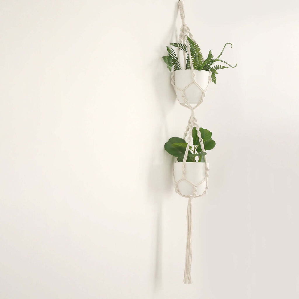 2 - Tier Hanging Planter Basket with Tassels Ivory Double Boho Design - Cotton Rope Indoor Decorative Holders - Bell Racket Store