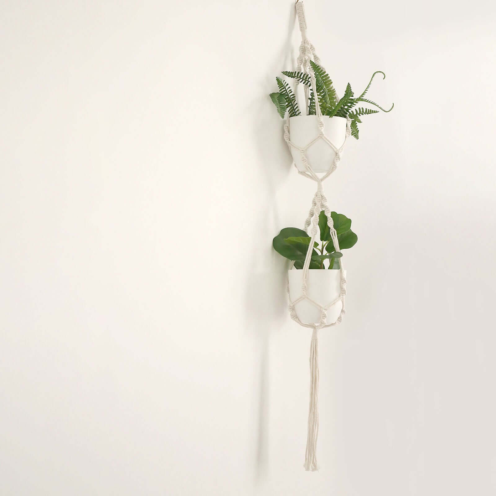 2 - Tier Hanging Planter Basket with Tassels Ivory Double Boho Design - Cotton Rope Indoor Decorative Holders - Bell Racket Store