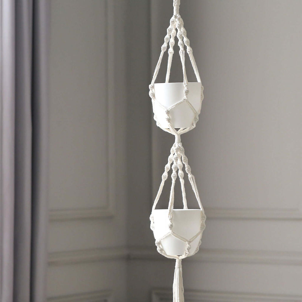 2 - Tier Hanging Planter Basket with Tassels Ivory Double Boho Design - Cotton Rope Indoor Decorative Holders - Bell Racket Store