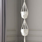 2 - Tier Hanging Planter Basket with Tassels Ivory Double Boho Design - Cotton Rope Indoor Decorative Holders - Bell Racket Store