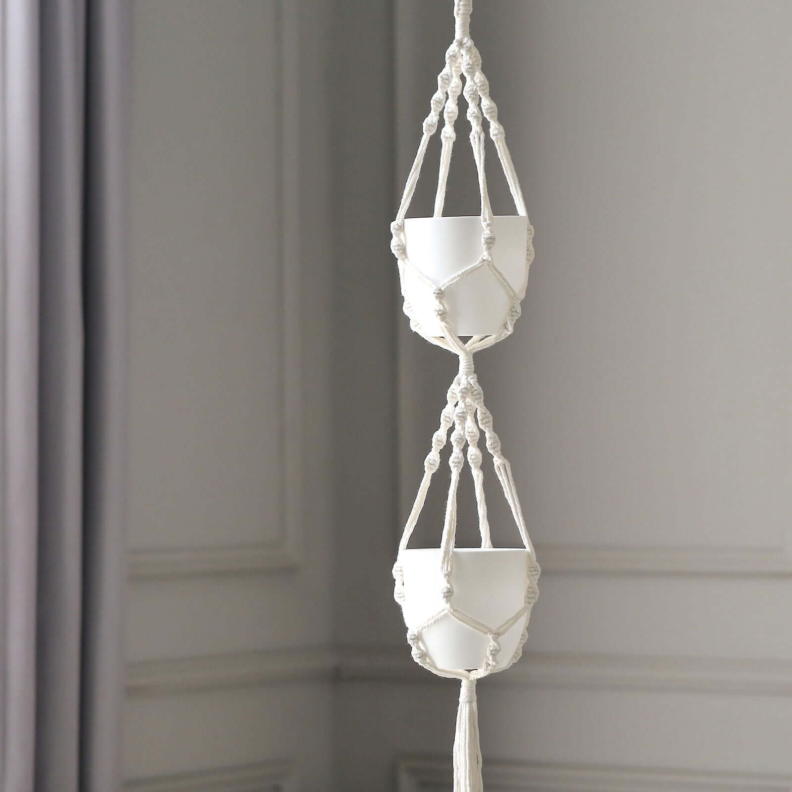 2 - Tier Hanging Planter Basket with Tassels Ivory Double Boho Design - Cotton Rope Indoor Decorative Holders - Bell Racket Store