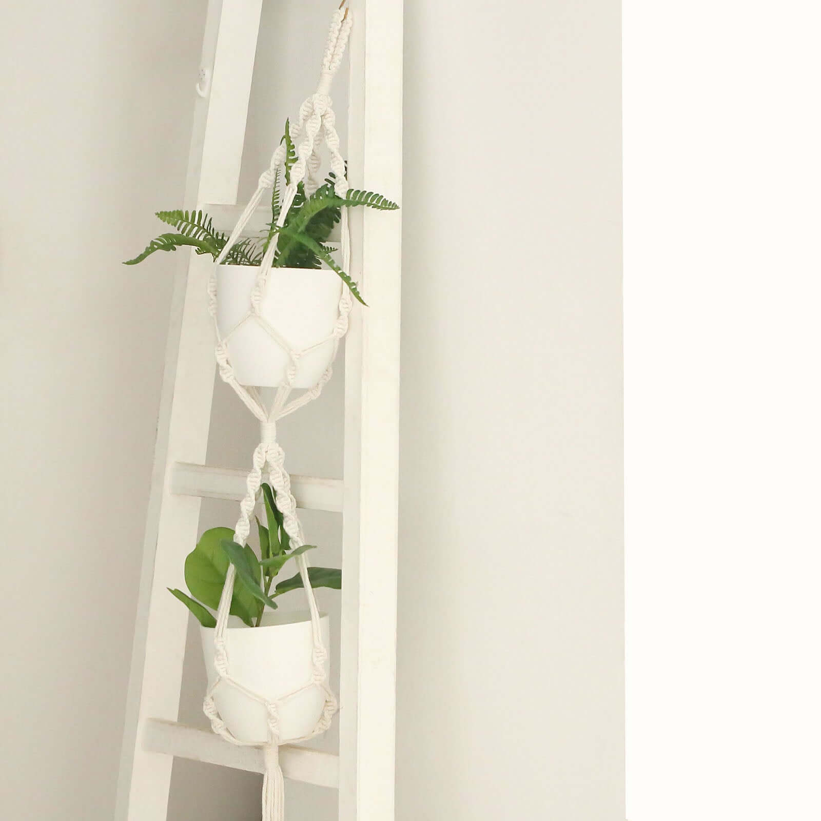 2 - Tier Hanging Planter Basket with Tassels Ivory Double Boho Design - Cotton Rope Indoor Decorative Holders - Bell Racket Store
