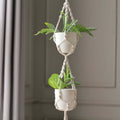 2 - Tier Hanging Planter Basket with Tassels Ivory Double Boho Design - Cotton Rope Indoor Decorative Holders - Bell Racket Store