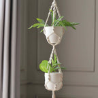 2 - Tier Hanging Planter Basket with Tassels Ivory Double Boho Design - Cotton Rope Indoor Decorative Holders - Bell Racket Store