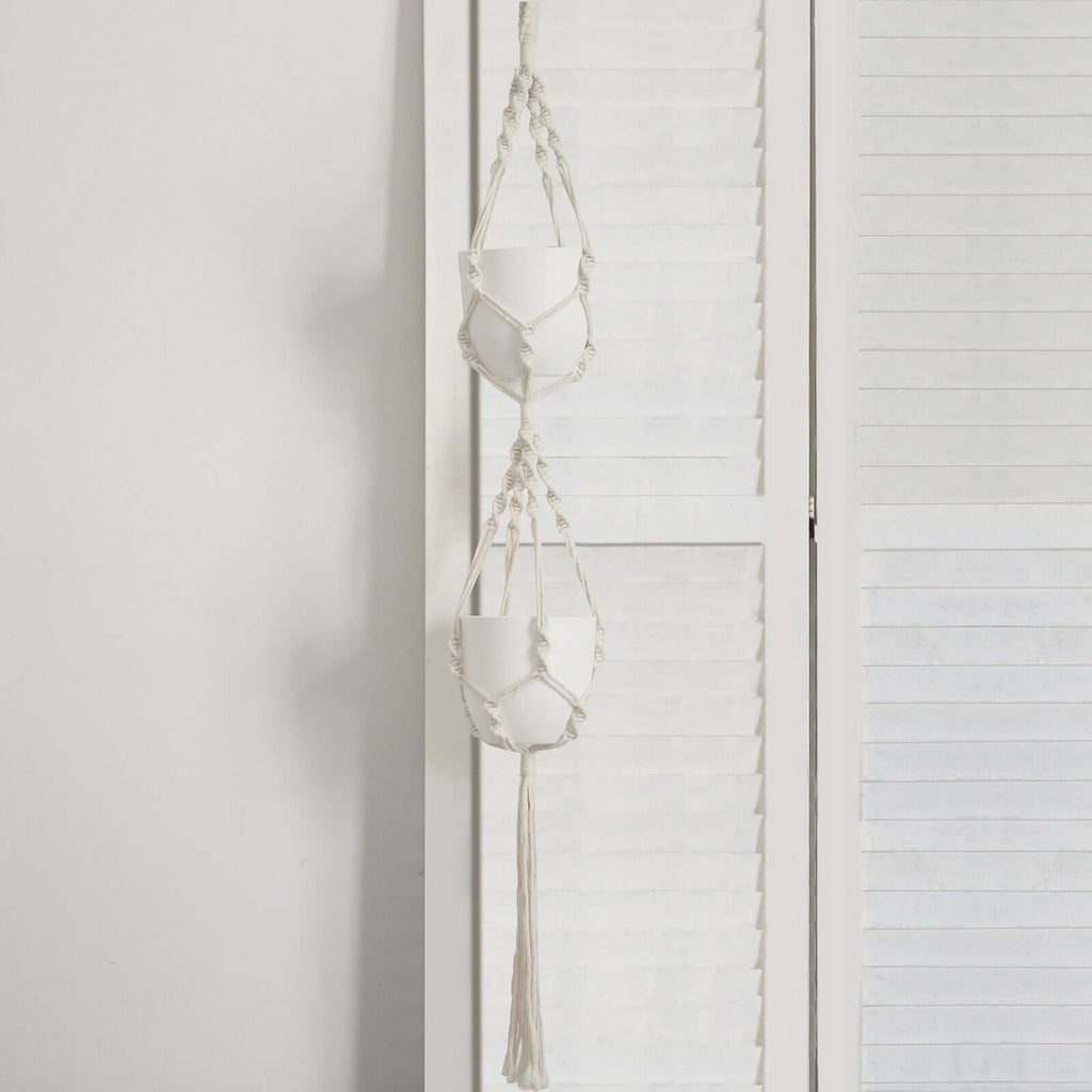 2 - Tier Hanging Planter Basket with Tassels Ivory Double Boho Design - Cotton Rope Indoor Decorative Holders - Bell Racket Store