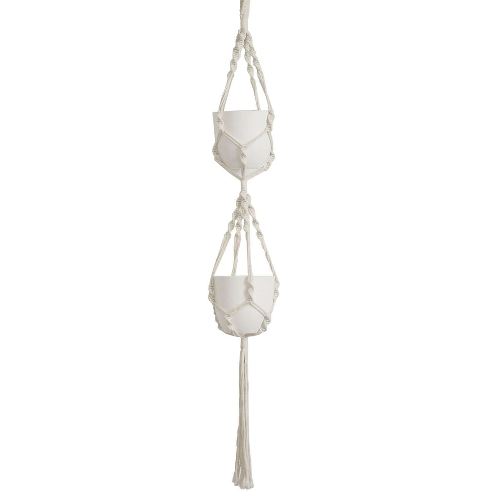 2 - Tier Hanging Planter Basket with Tassels Ivory Double Boho Design - Cotton Rope Indoor Decorative Holders - Bell Racket Store