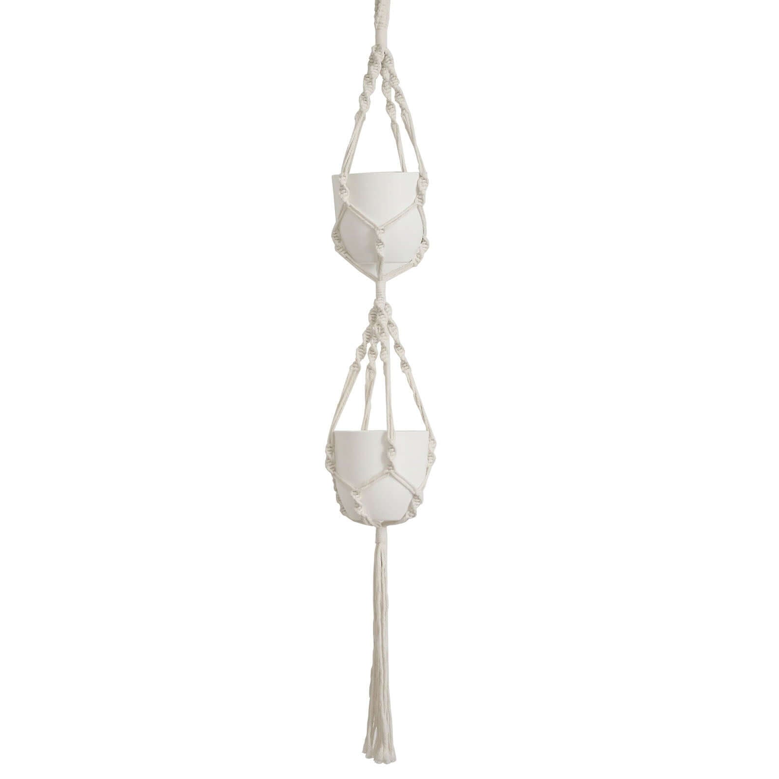 2 - Tier Hanging Planter Basket with Tassels Ivory Double Boho Design - Cotton Rope Indoor Decorative Holders - Bell Racket Store